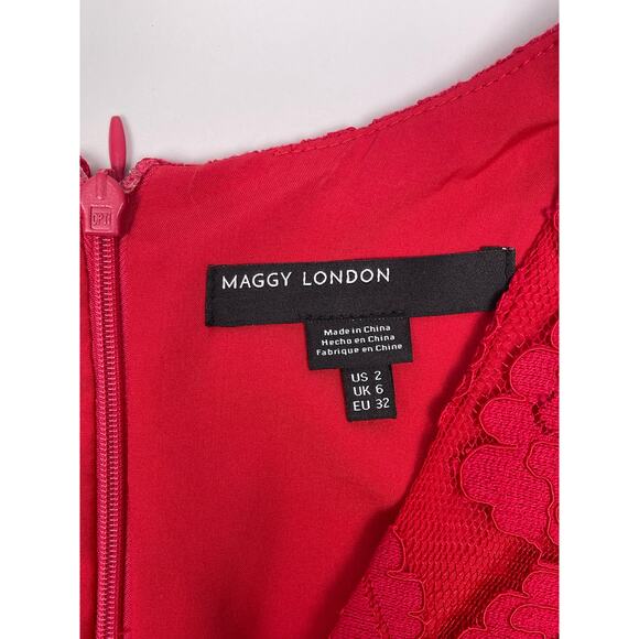 Maggy London Red Lace Sleeveless V-Neck Cocktail Dress Size 2 - Picture 10 of 11